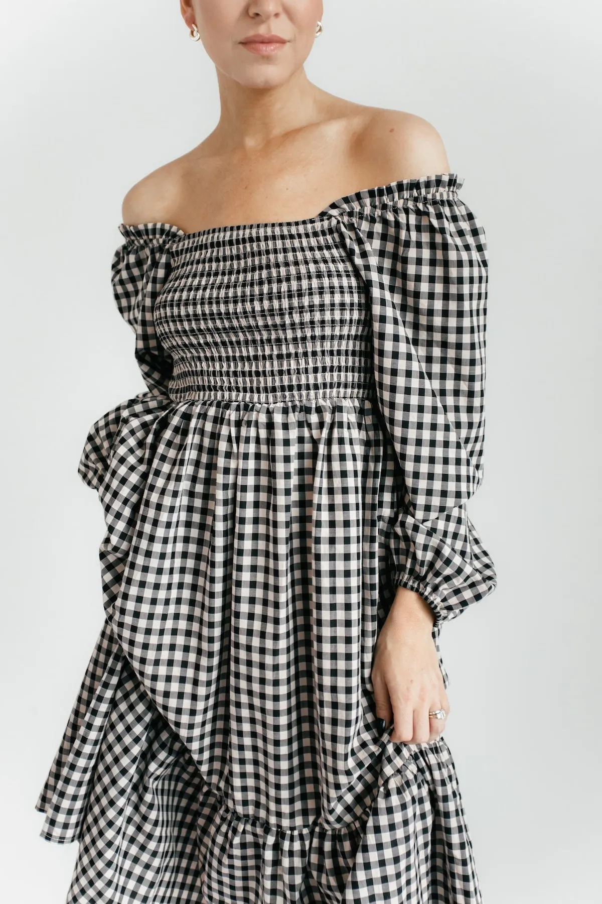 Lily Gingham Smocked Midi Dress - Black   Taupe