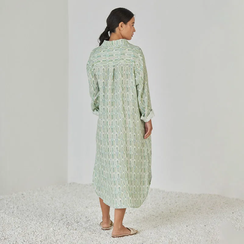 Linen Dress For Women | Shirt Style | Watercolour Print | Green