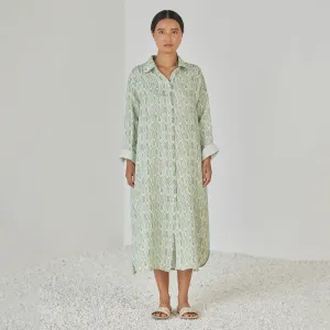 Linen Dress For Women | Shirt Style | Watercolour Print | Green