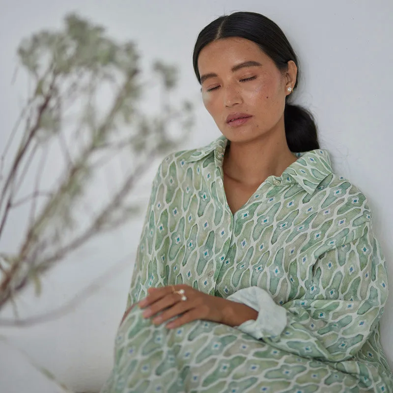 Linen Dress For Women | Shirt Style | Watercolour Print | Green