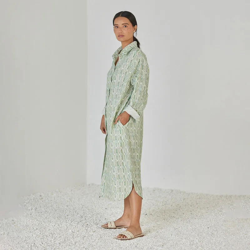 Linen Dress For Women | Shirt Style | Watercolour Print | Green