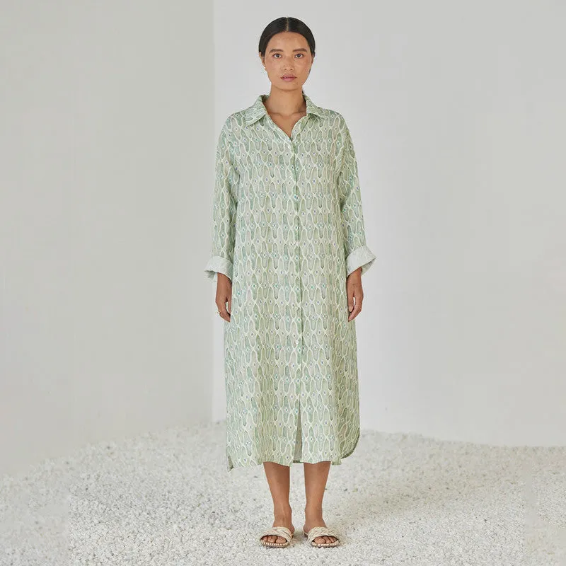 Linen Dress For Women | Shirt Style | Watercolour Print | Green