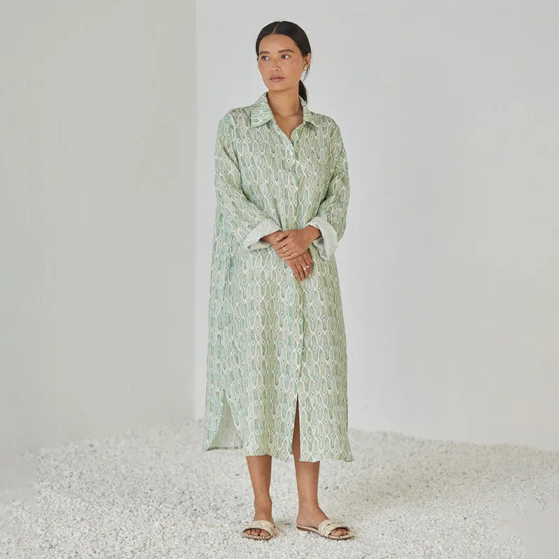 Linen Dress For Women | Shirt Style | Watercolour Print | Green