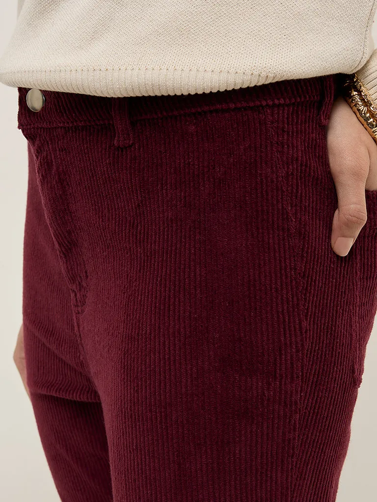 LOV Burgundy Ribbed Corduroy High-Rise Cotton-Blend Pants