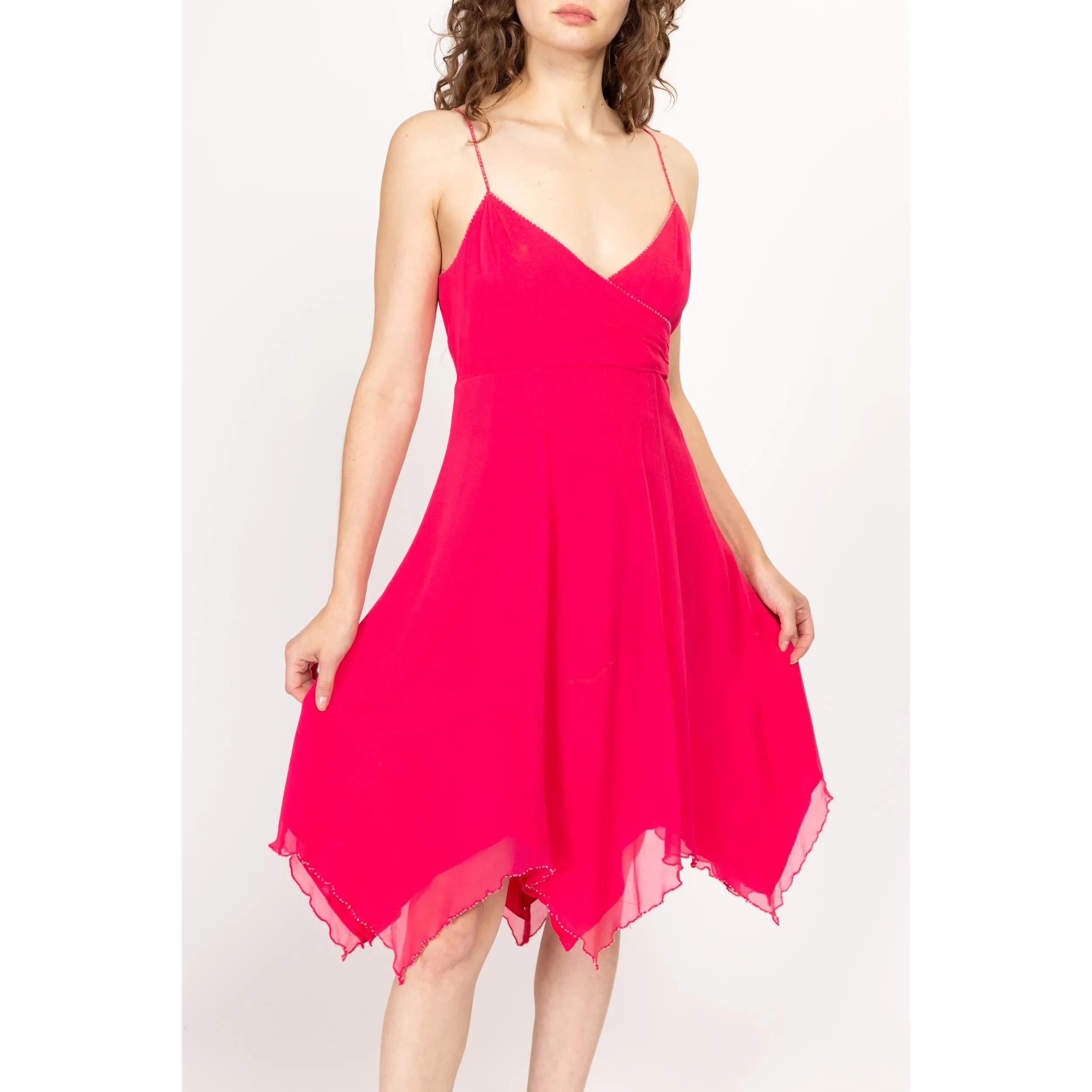 Medium 90s Hot Pink Silk Hanky Hem Party Dress