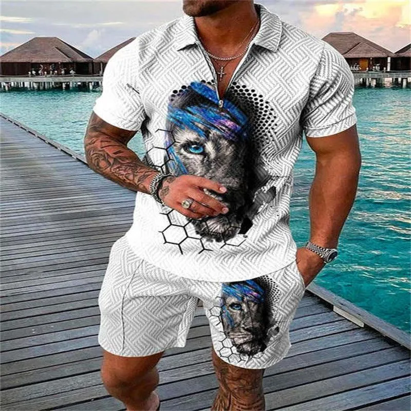 Men's Casual Suit with Zipper Polo Shirt