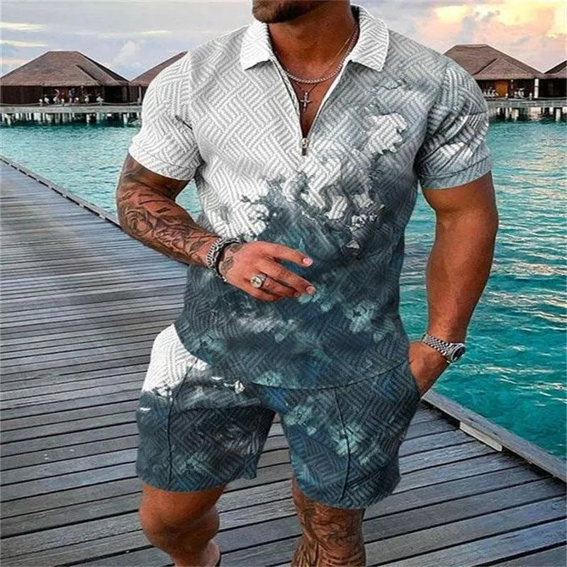 Men's Casual Suit with Zipper Polo Shirt
