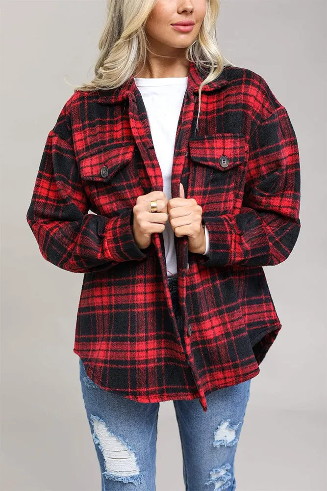 Plaid Open Button Pockets Winter Outfits Shackets