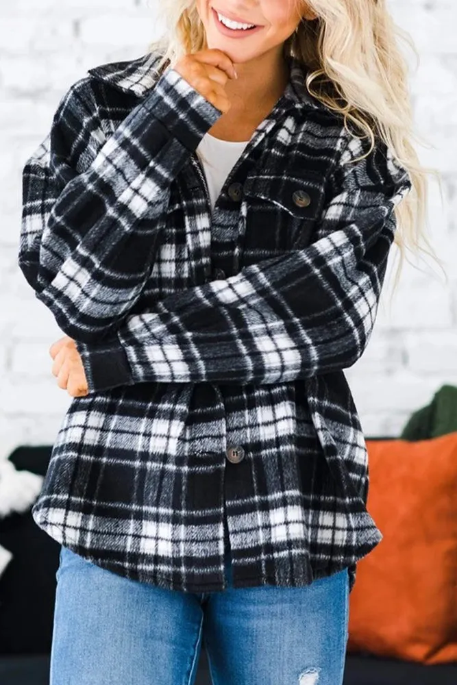 Plaid Open Button Pockets Winter Outfits Shackets