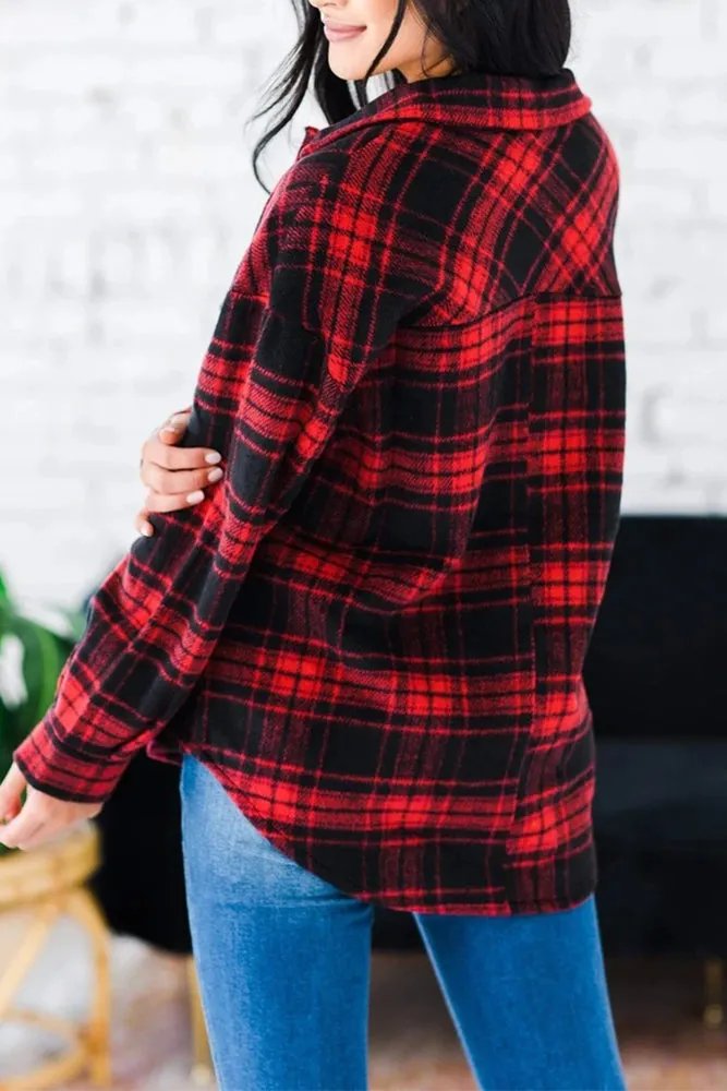 Plaid Open Button Pockets Winter Outfits Shackets