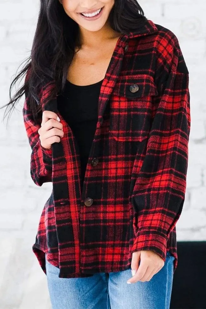 Plaid Open Button Pockets Winter Outfits Shackets