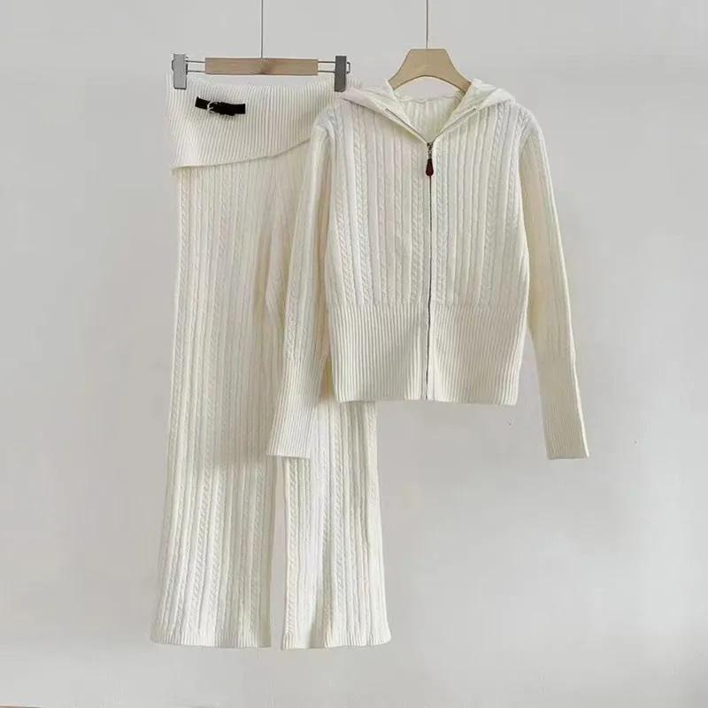 Pre Order: Hooded Knit Zip Up Cardigan   Knit Pants Set