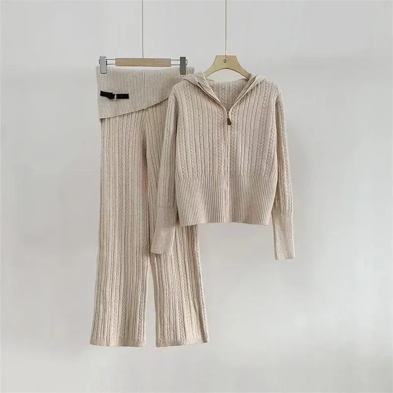 Pre Order: Hooded Knit Zip Up Cardigan   Knit Pants Set