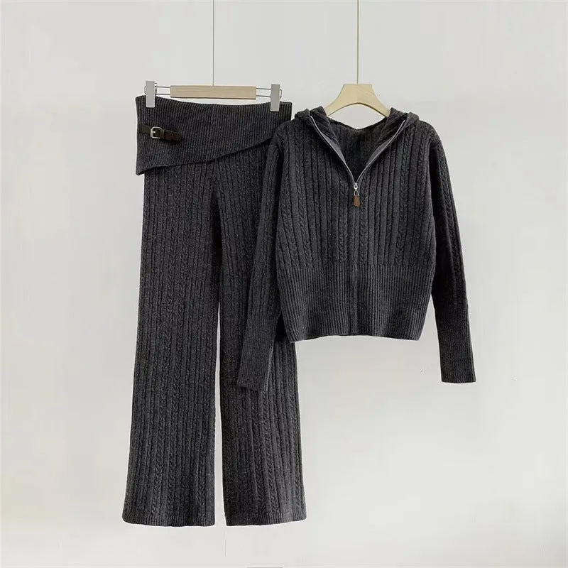 Pre Order: Hooded Knit Zip Up Cardigan   Knit Pants Set