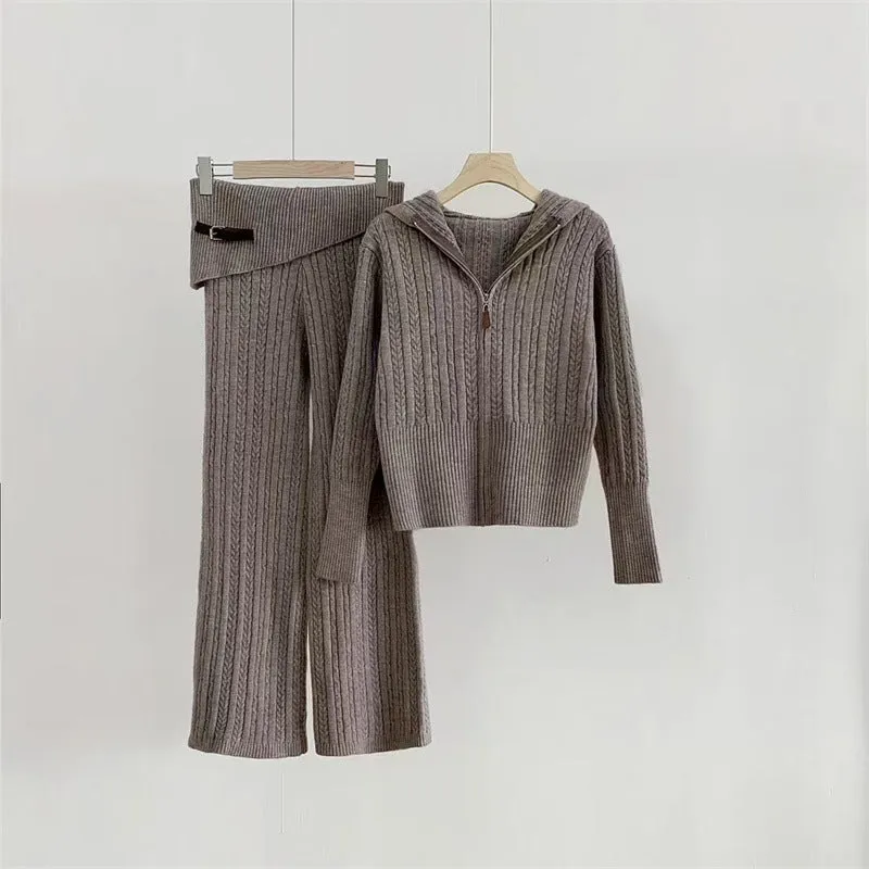 Pre Order: Hooded Knit Zip Up Cardigan   Knit Pants Set