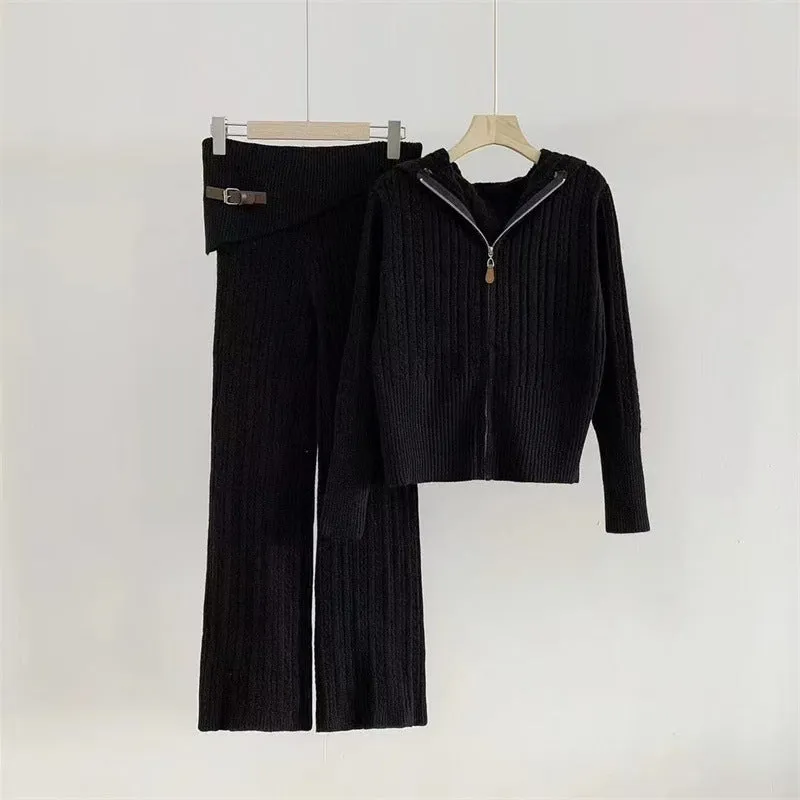 Pre Order: Hooded Knit Zip Up Cardigan   Knit Pants Set
