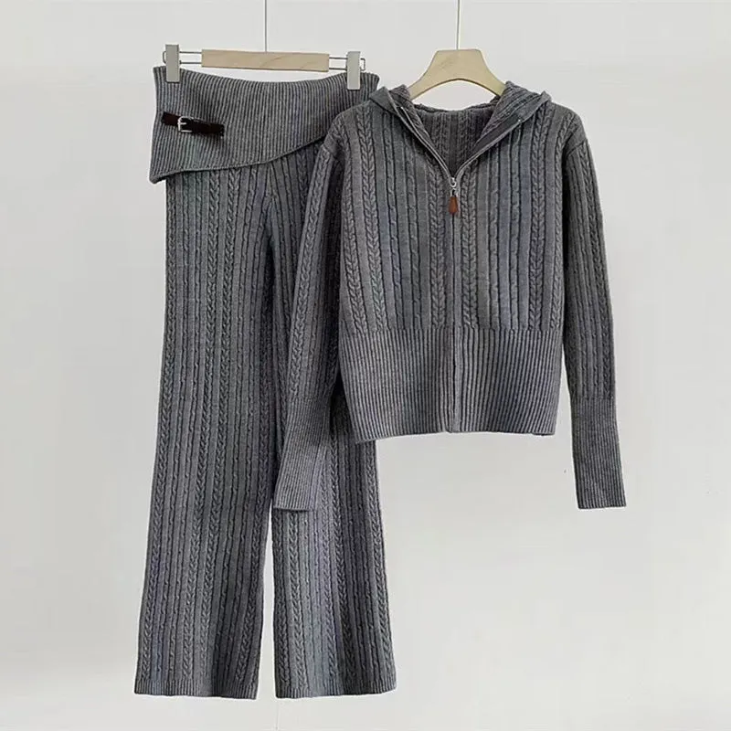 Pre Order: Hooded Knit Zip Up Cardigan   Knit Pants Set