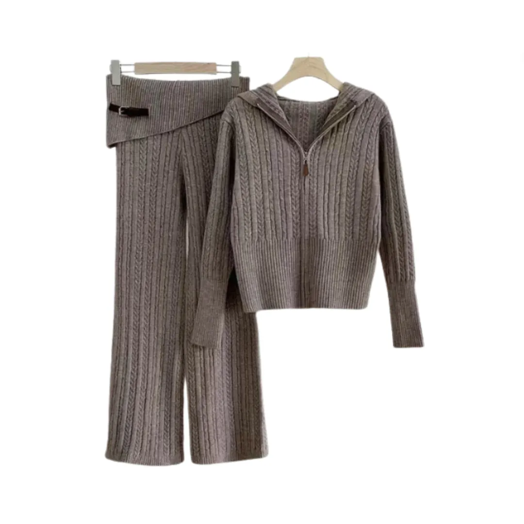 Pre Order: Hooded Knit Zip Up Cardigan   Knit Pants Set