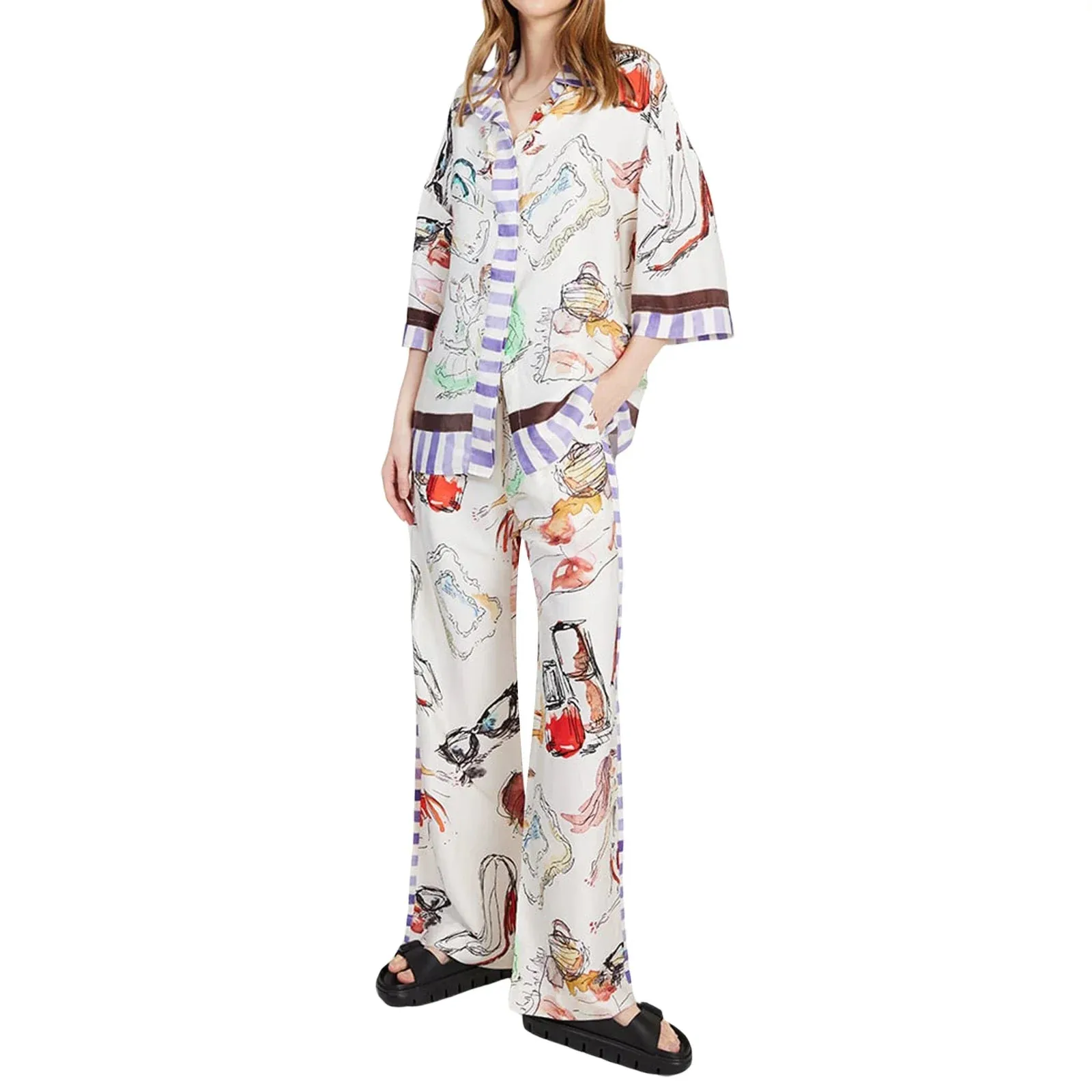 Print Casual Loose Lapel Sleeve Button Down Elastic Waist Spring Fashion Pajamas