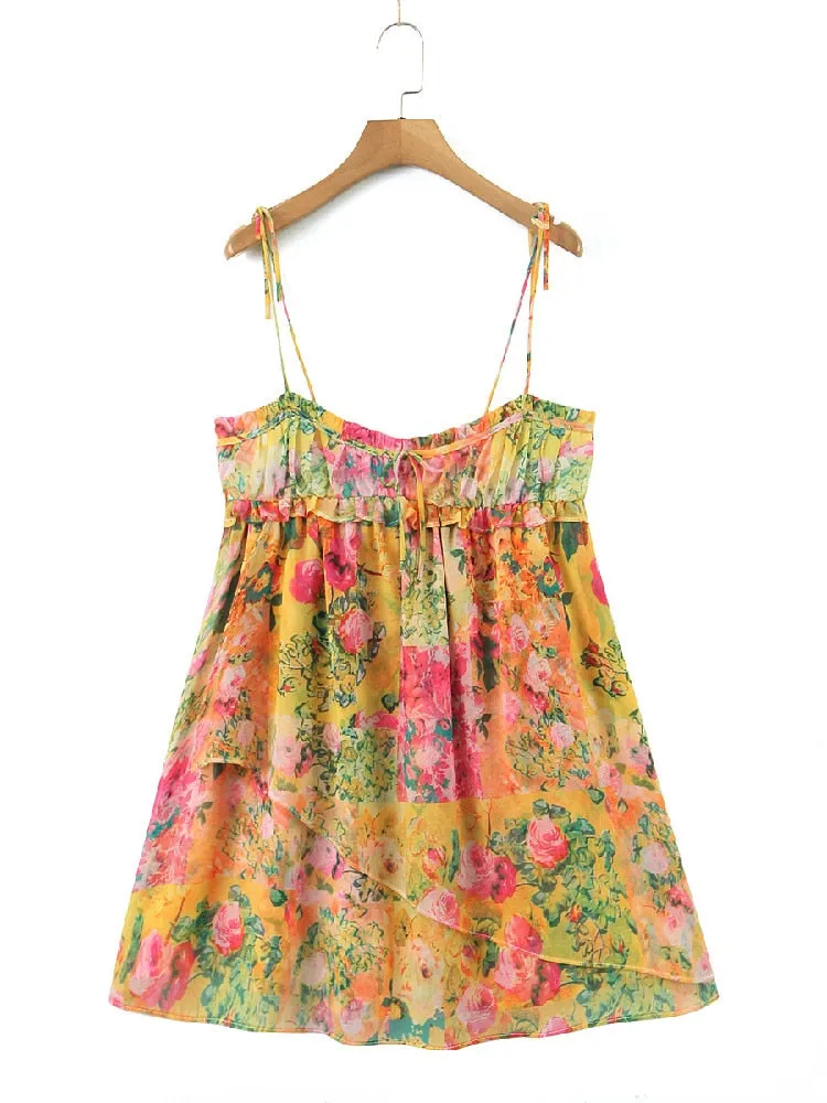 Printed Strap Tie-Up Charming Slip Mini Dress