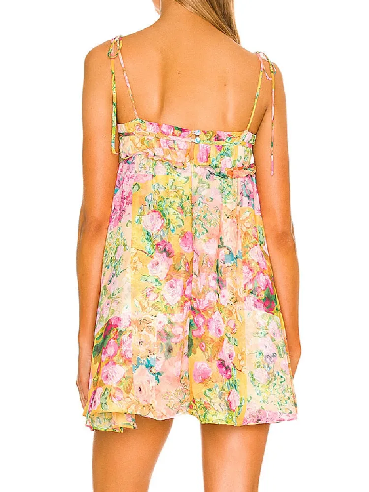 Printed Strap Tie-Up Charming Slip Mini Dress