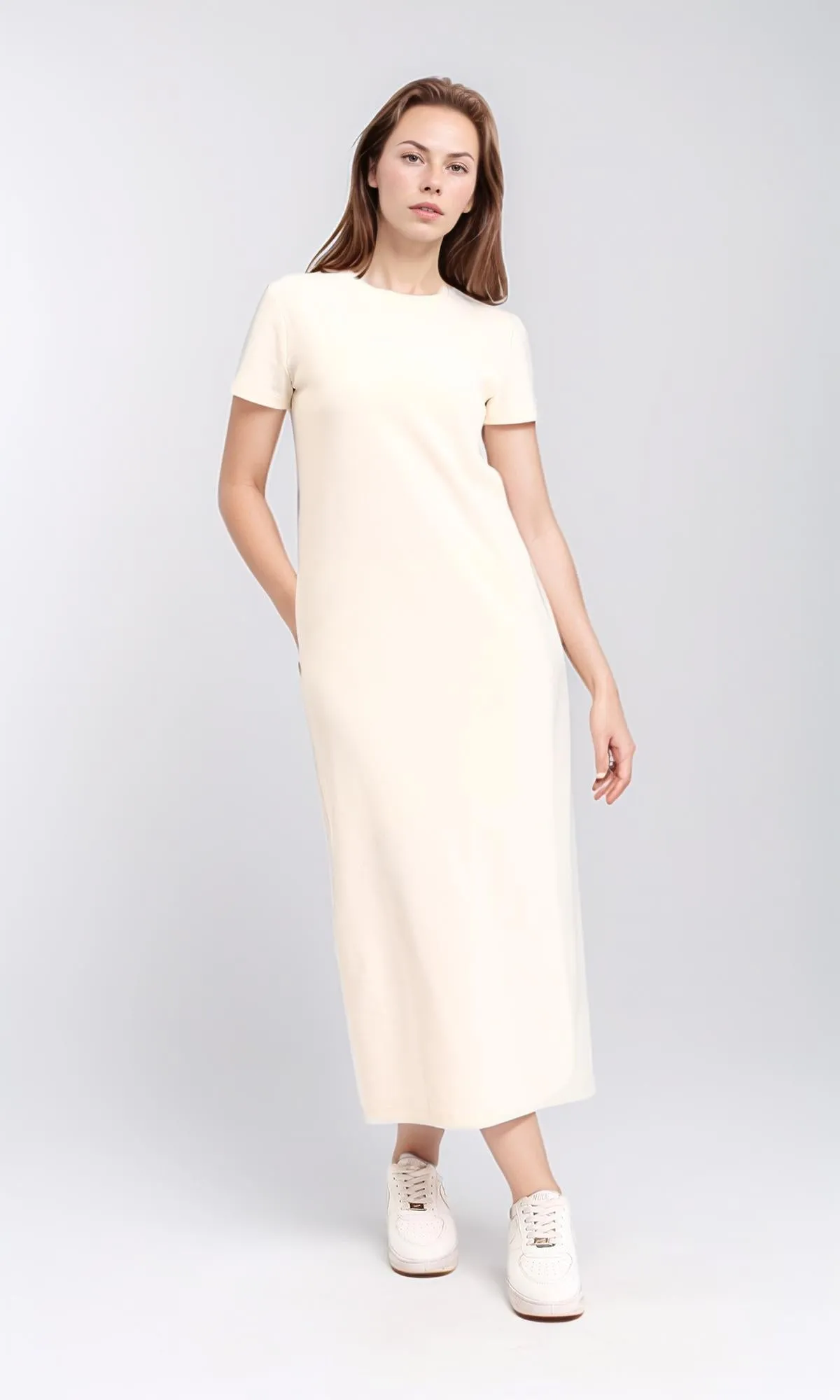 R210659 - Slip On Short Sleeves Midi Dress - Beige