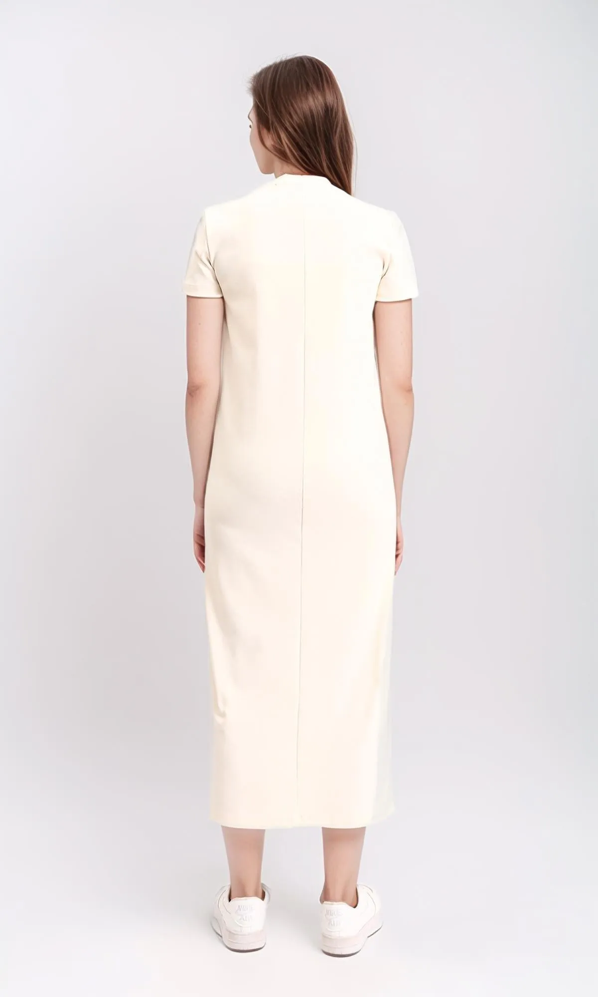 R210659 - Slip On Short Sleeves Midi Dress - Beige