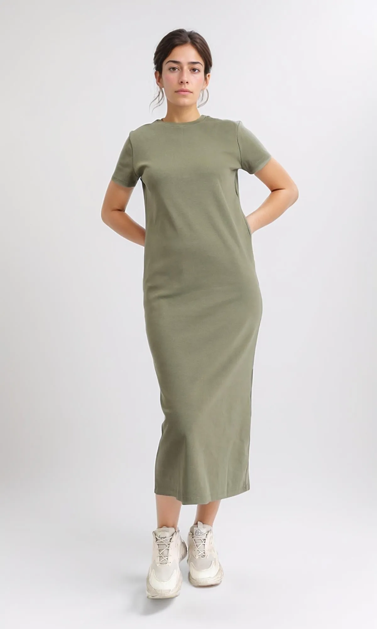 R210661 - Short Sleeves Solid Midi Dress - Olive