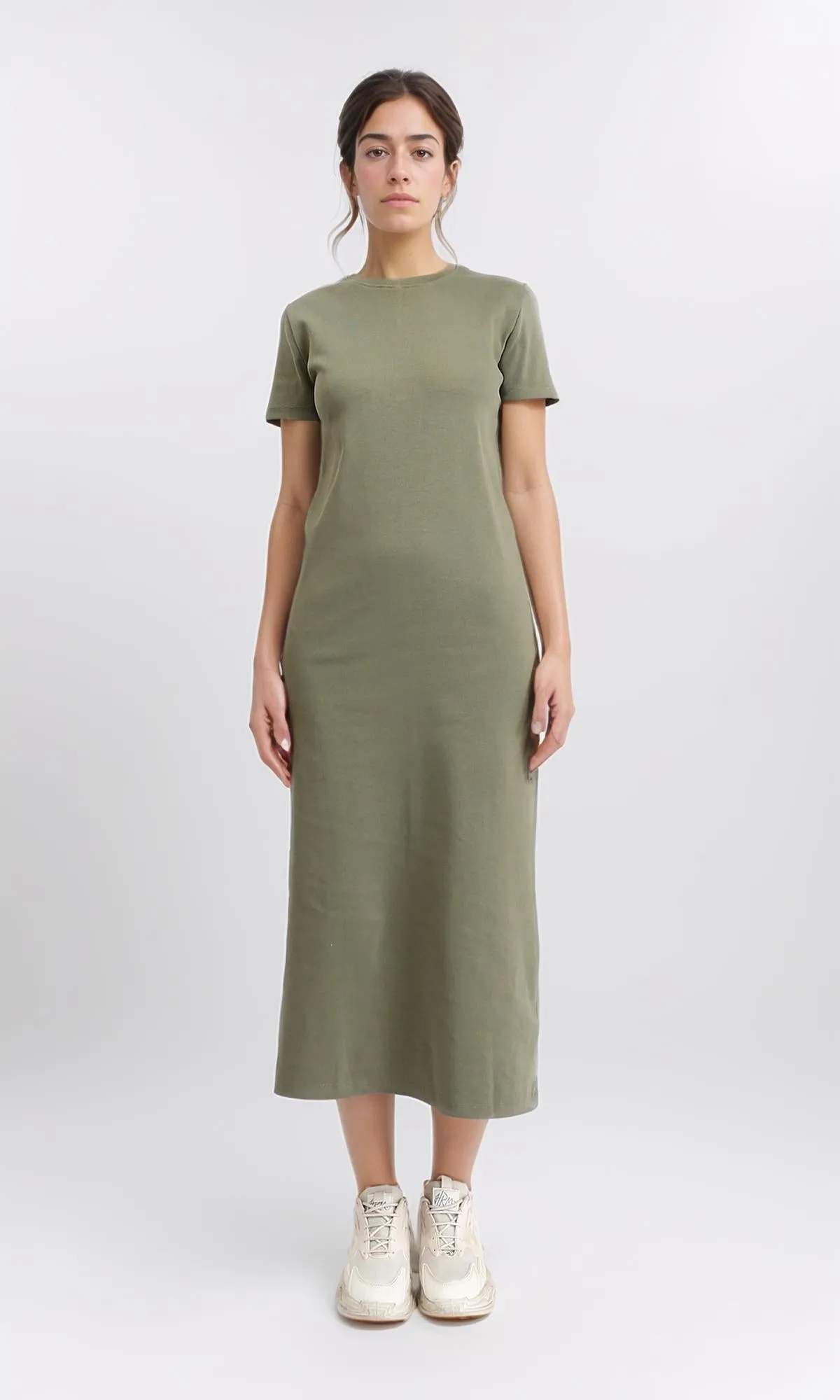 R210661 - Short Sleeves Solid Midi Dress - Olive
