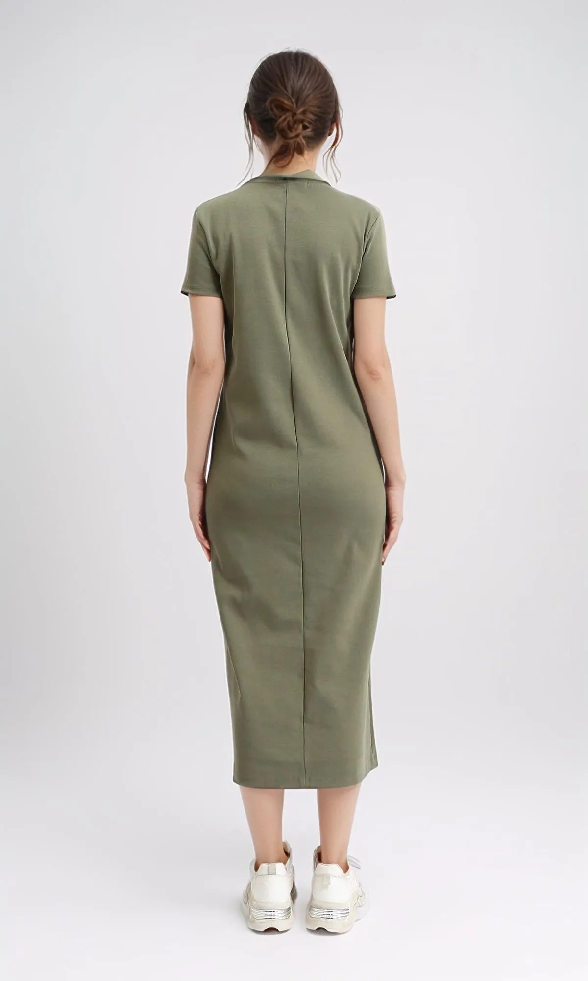 R210661 - Short Sleeves Solid Midi Dress - Olive