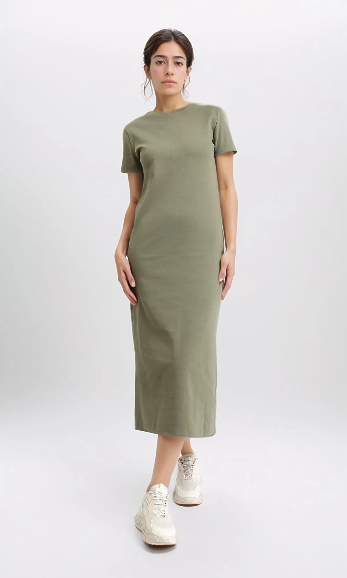 R210661 - Short Sleeves Solid Midi Dress - Olive