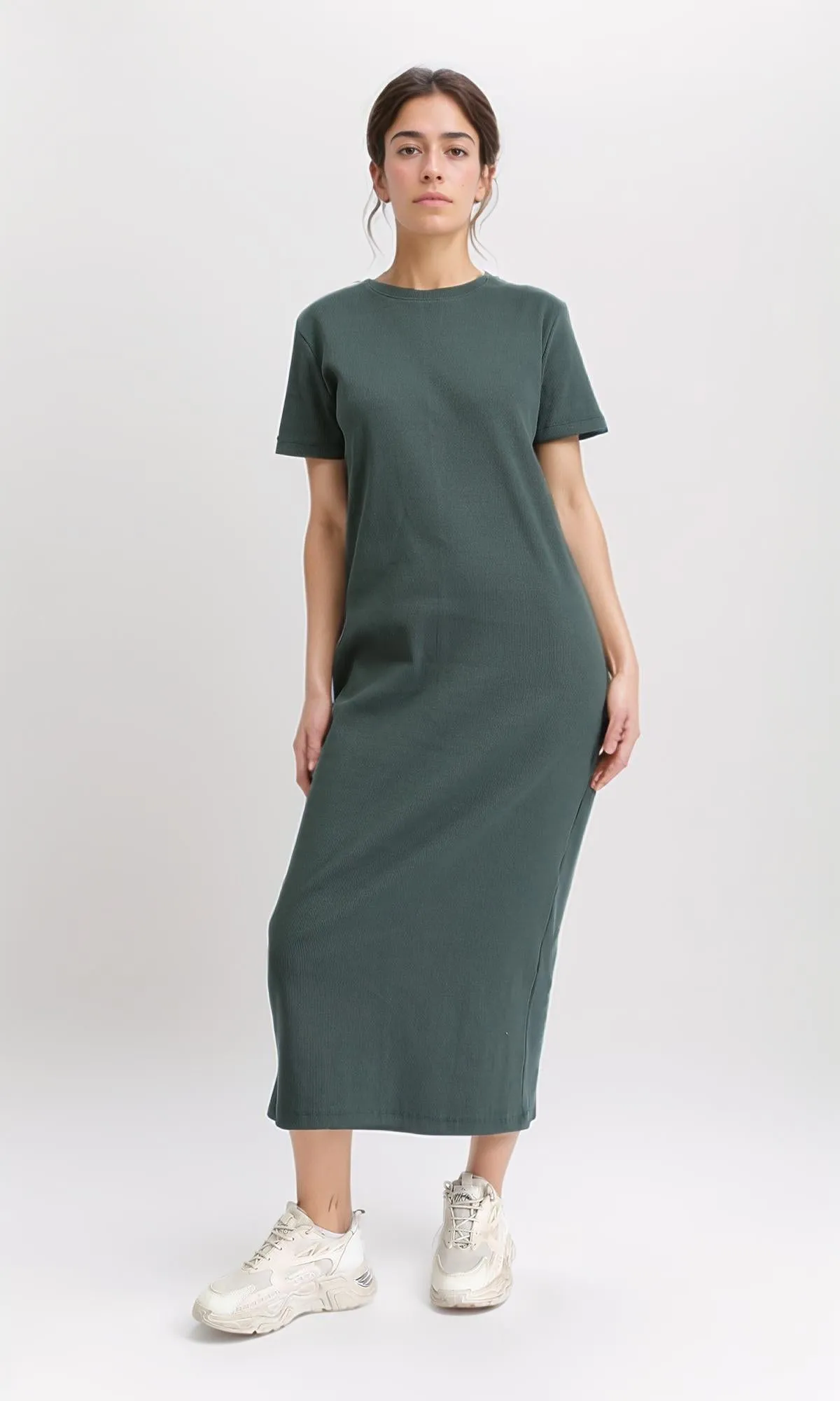 R210662 - Short Sleeves Solid Midi Dress - Dark Olive