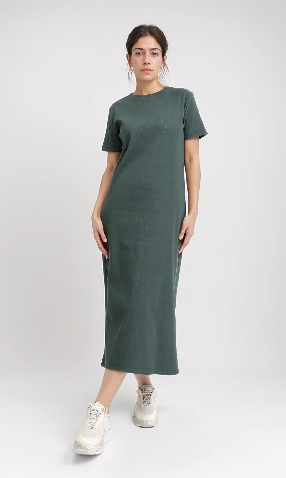 R210662 - Short Sleeves Solid Midi Dress - Dark Olive