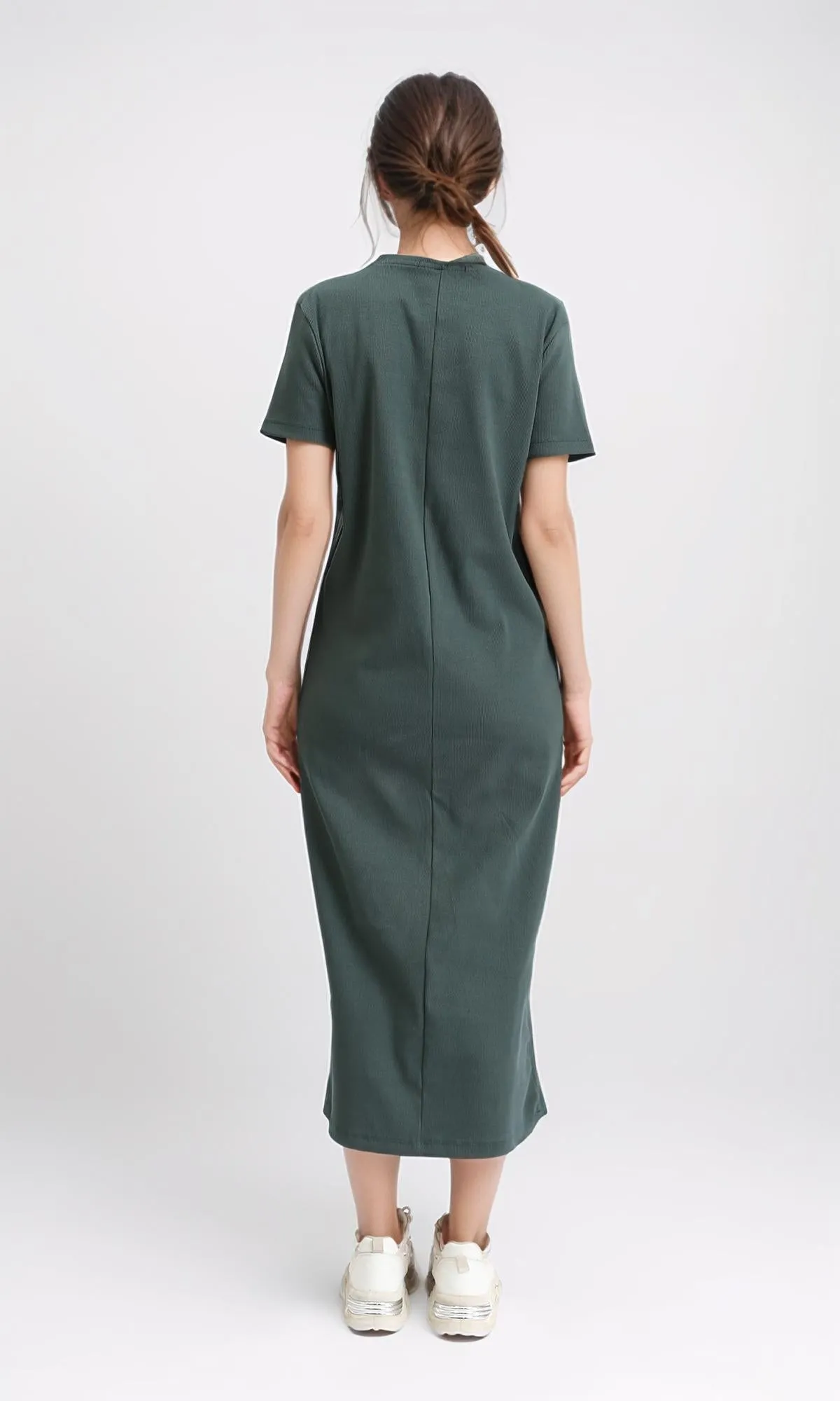 R210662 - Short Sleeves Solid Midi Dress - Dark Olive