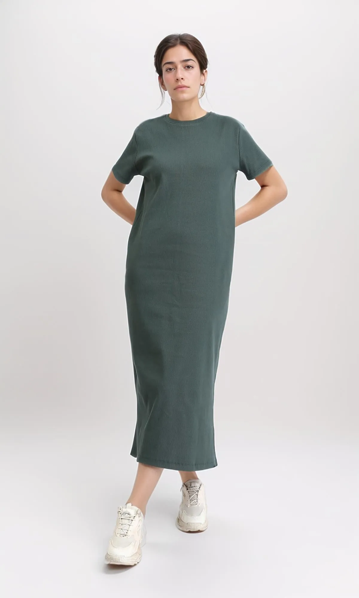 R210662 - Short Sleeves Solid Midi Dress - Dark Olive