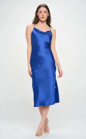 Renee C - Royal Blue Midi Satin Slip Dress w/ Slit Two Way Straps
