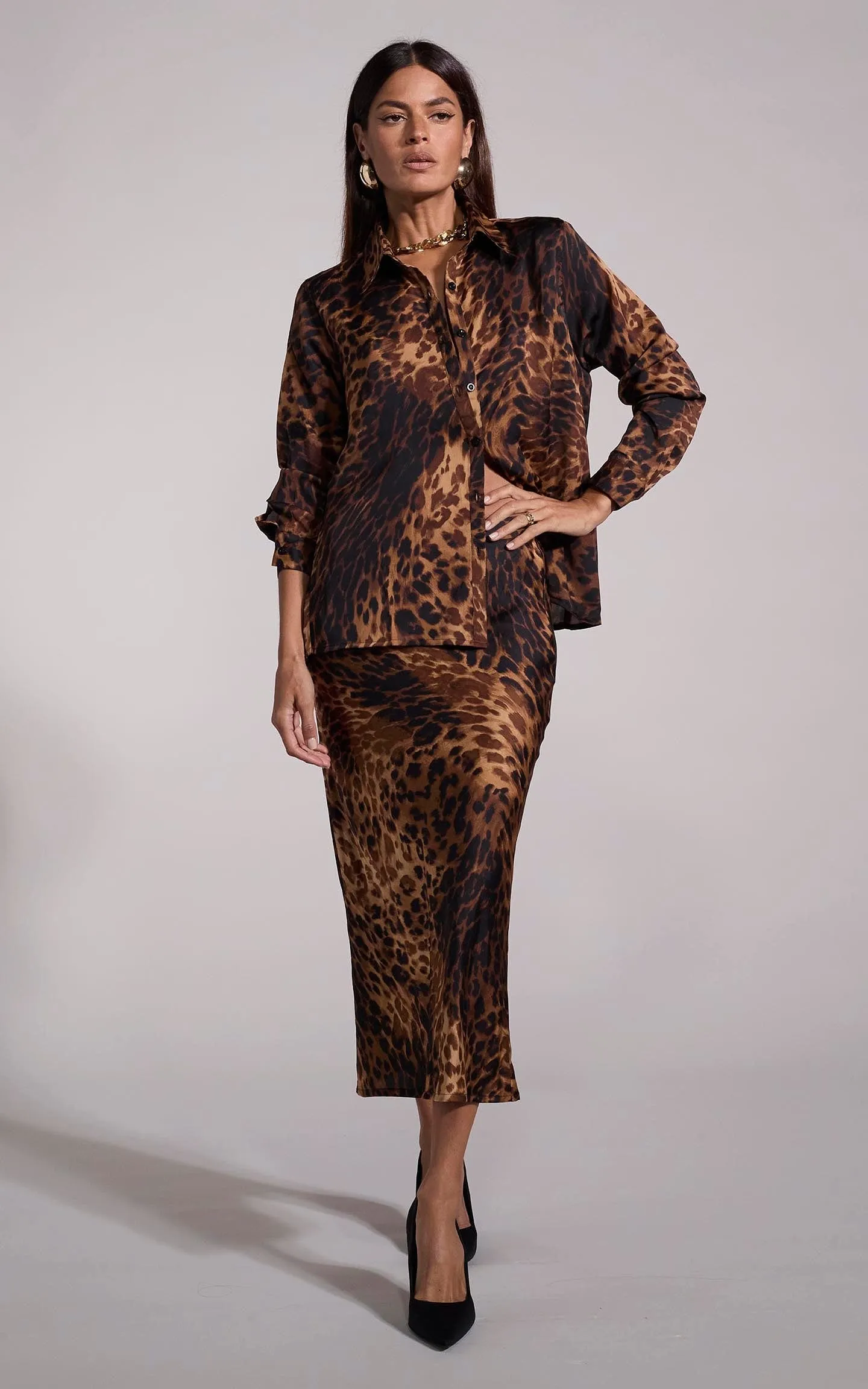 Renzo Midi Slip Skirt in Luxe Leopard