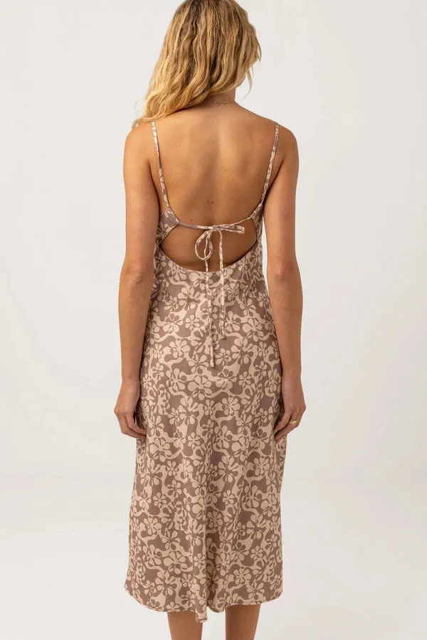 RHYTHM Women's Drifter Floral Bias Cut Midi Dress Chocolate