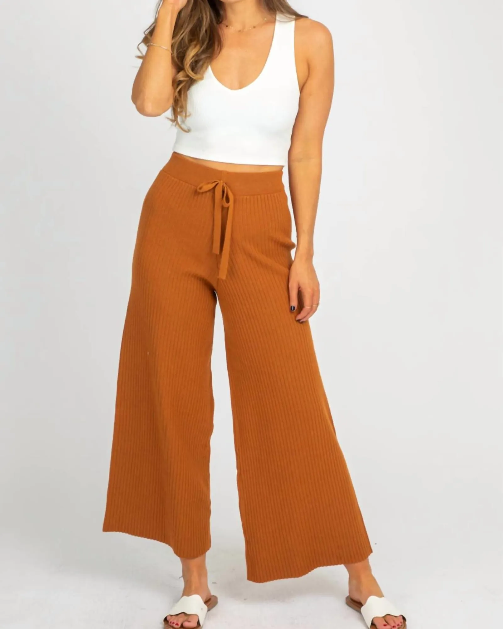 Rib Knit Flare Pants In Caramel | Caramel