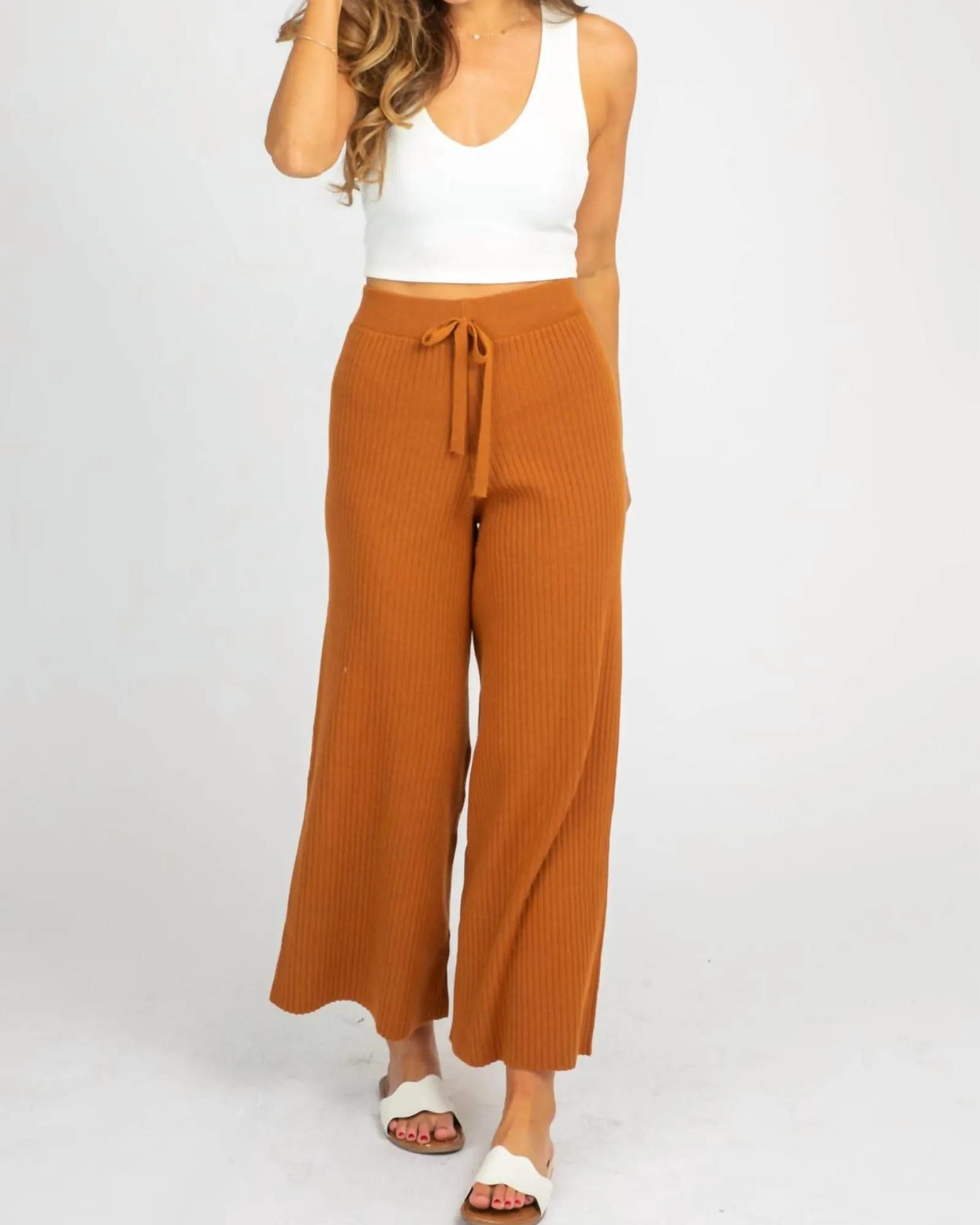 Rib Knit Flare Pants In Caramel | Caramel
