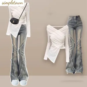Sexy Spicy Girl Knitted Set for Women's Early Autumn Wear Paired with a Complete Set of 2024 Spring Flare Pants Two Piece Set