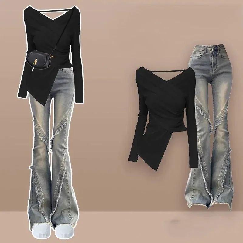 Sexy Spicy Girl Knitted Set for Women's Early Autumn Wear Paired with a Complete Set of 2024 Spring Flare Pants Two Piece Set