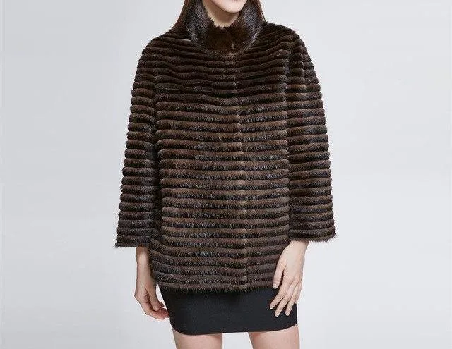 Short Real Mink Fur Stand Collar Coat