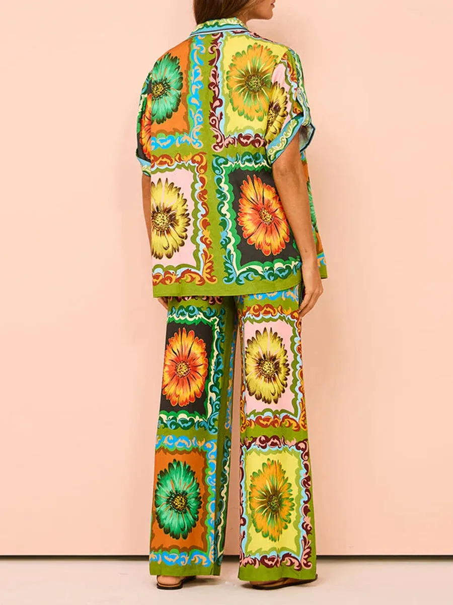 Short Sleeve Sunflower/Fruit Print Shirt Drawstring Pants Beachwear Casual Pajamas