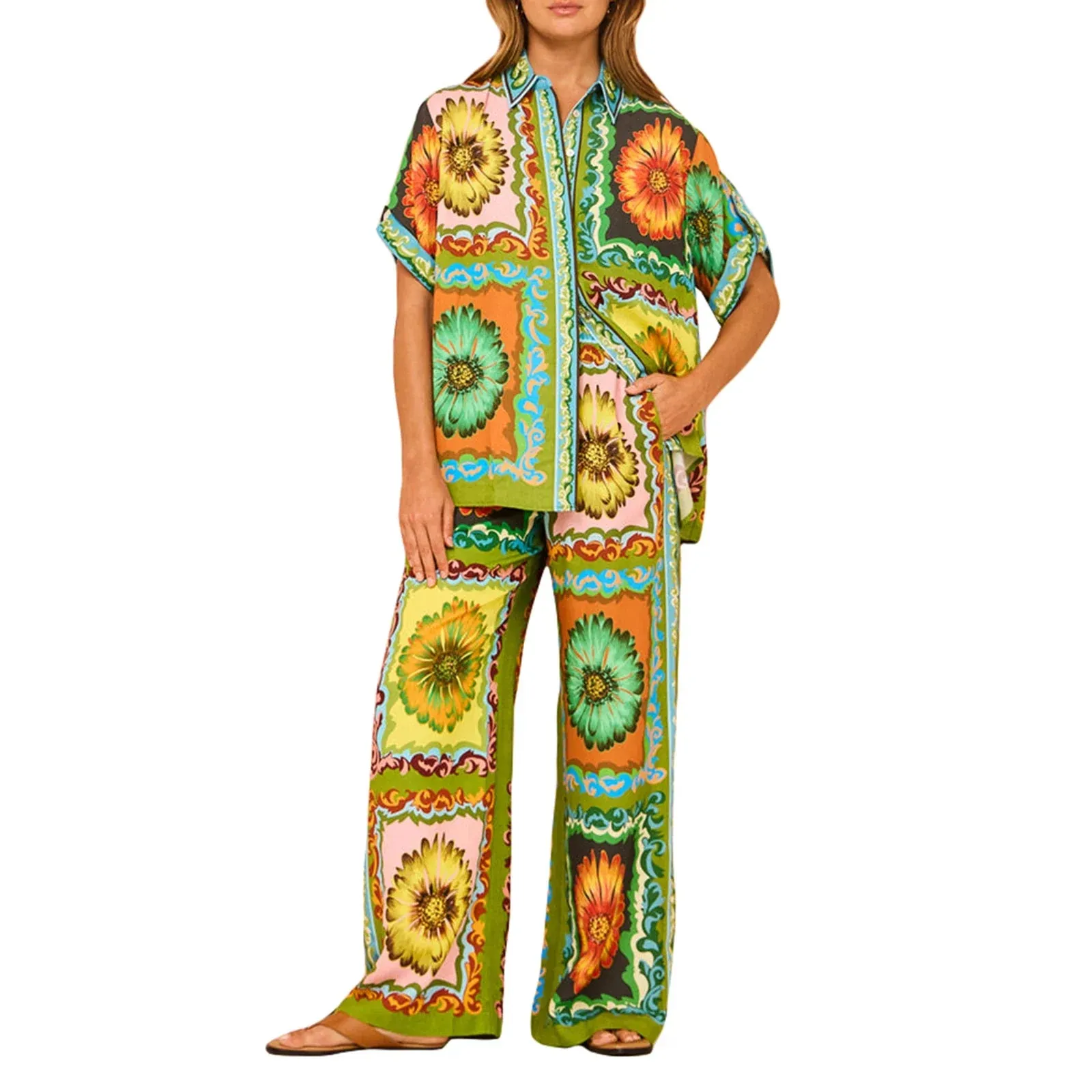 Short Sleeve Sunflower/Fruit Print Shirt Drawstring Pants Beachwear Casual Pajamas