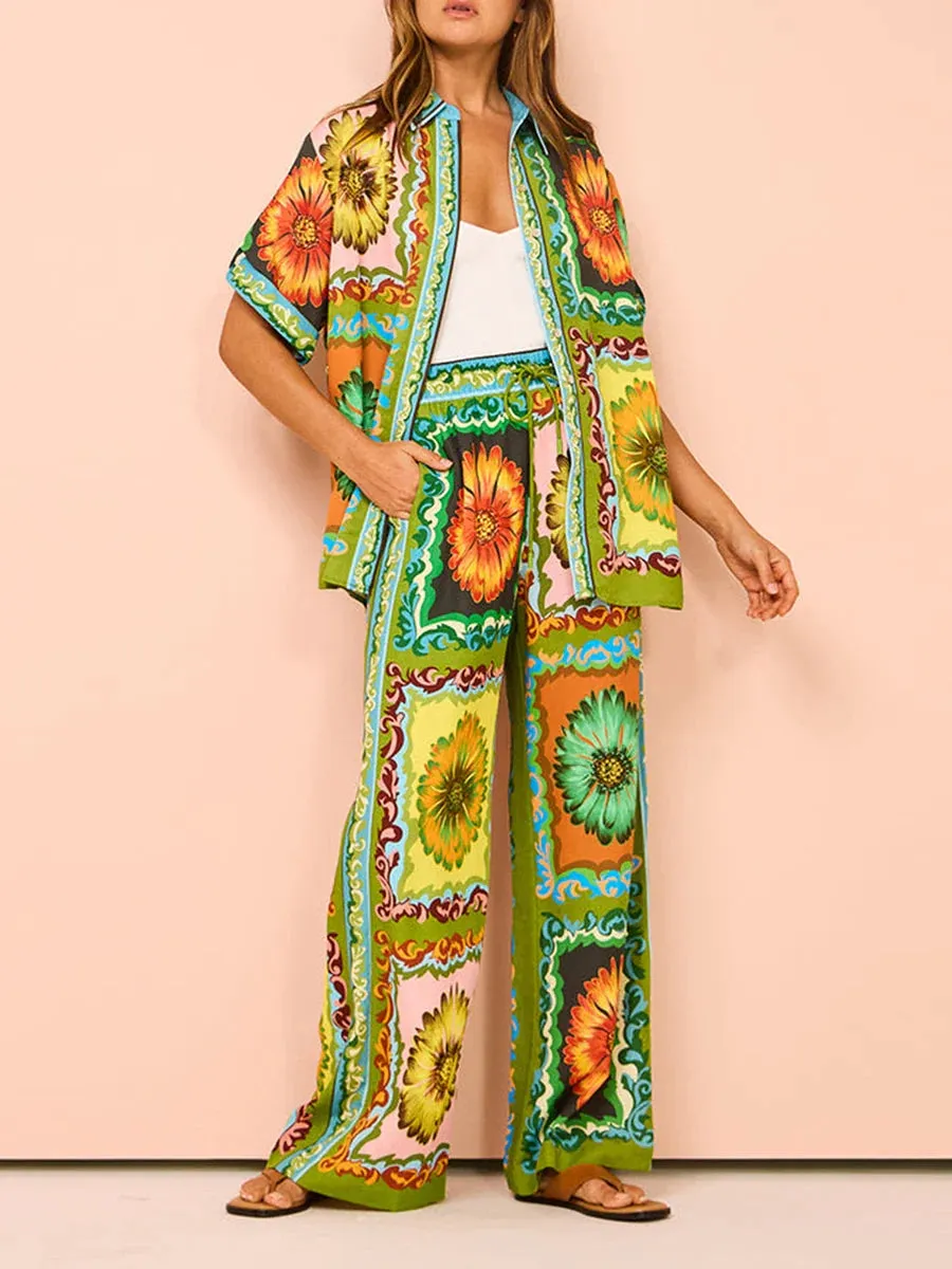 Short Sleeve Sunflower/Fruit Print Shirt Drawstring Pants Beachwear Casual Pajamas