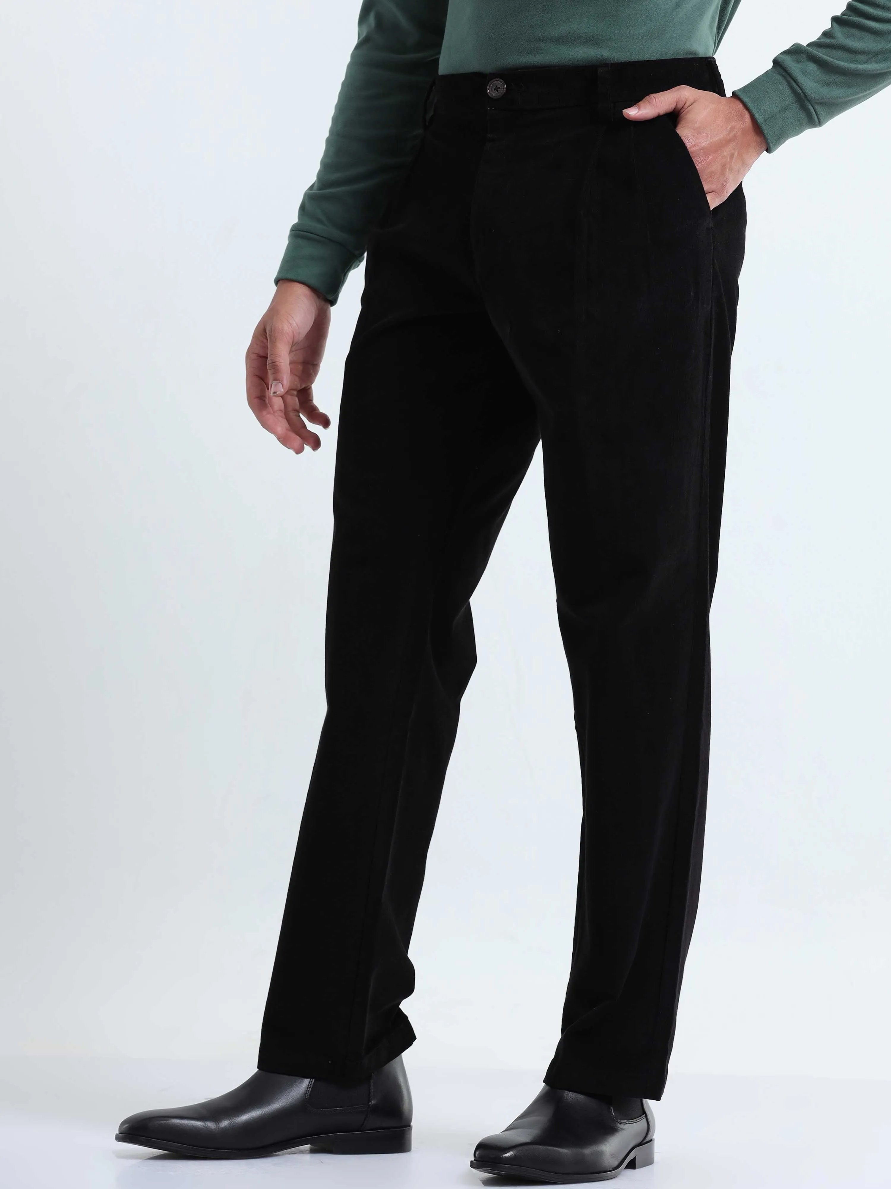 Soft Corduroy Black Relaxed Pleated Pant