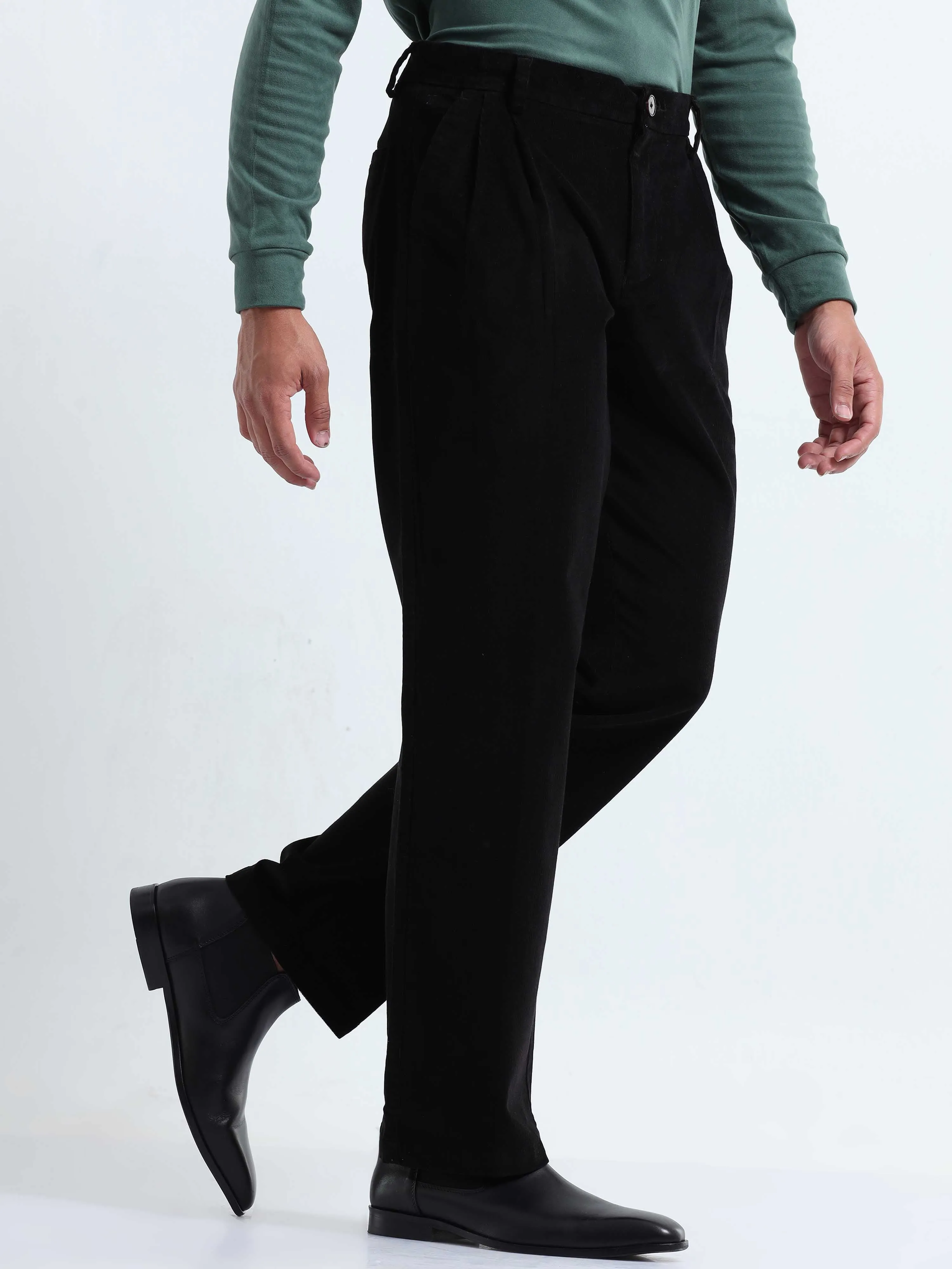 Soft Corduroy Black Relaxed Pleated Pant