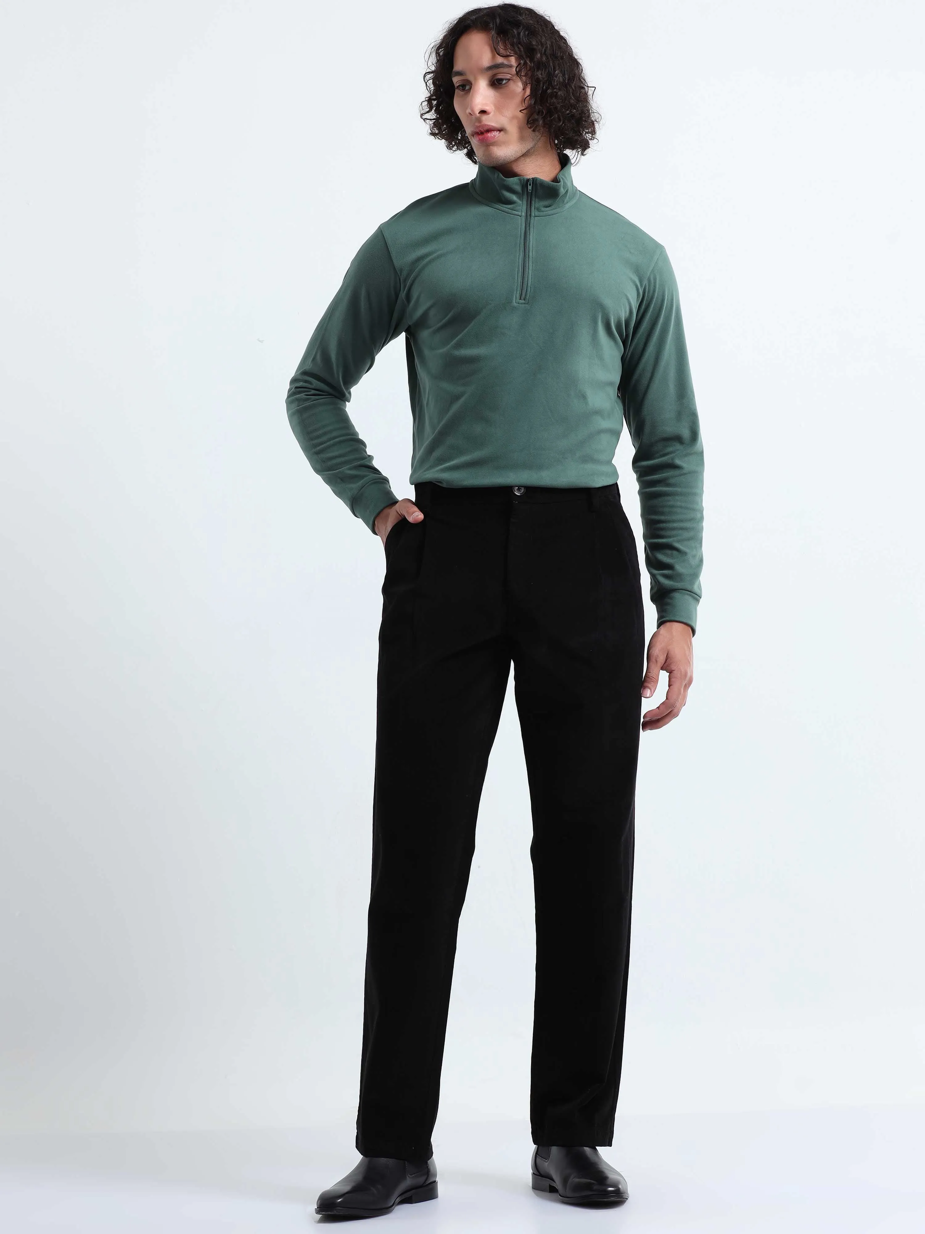 Soft Corduroy Black Relaxed Pleated Pant
