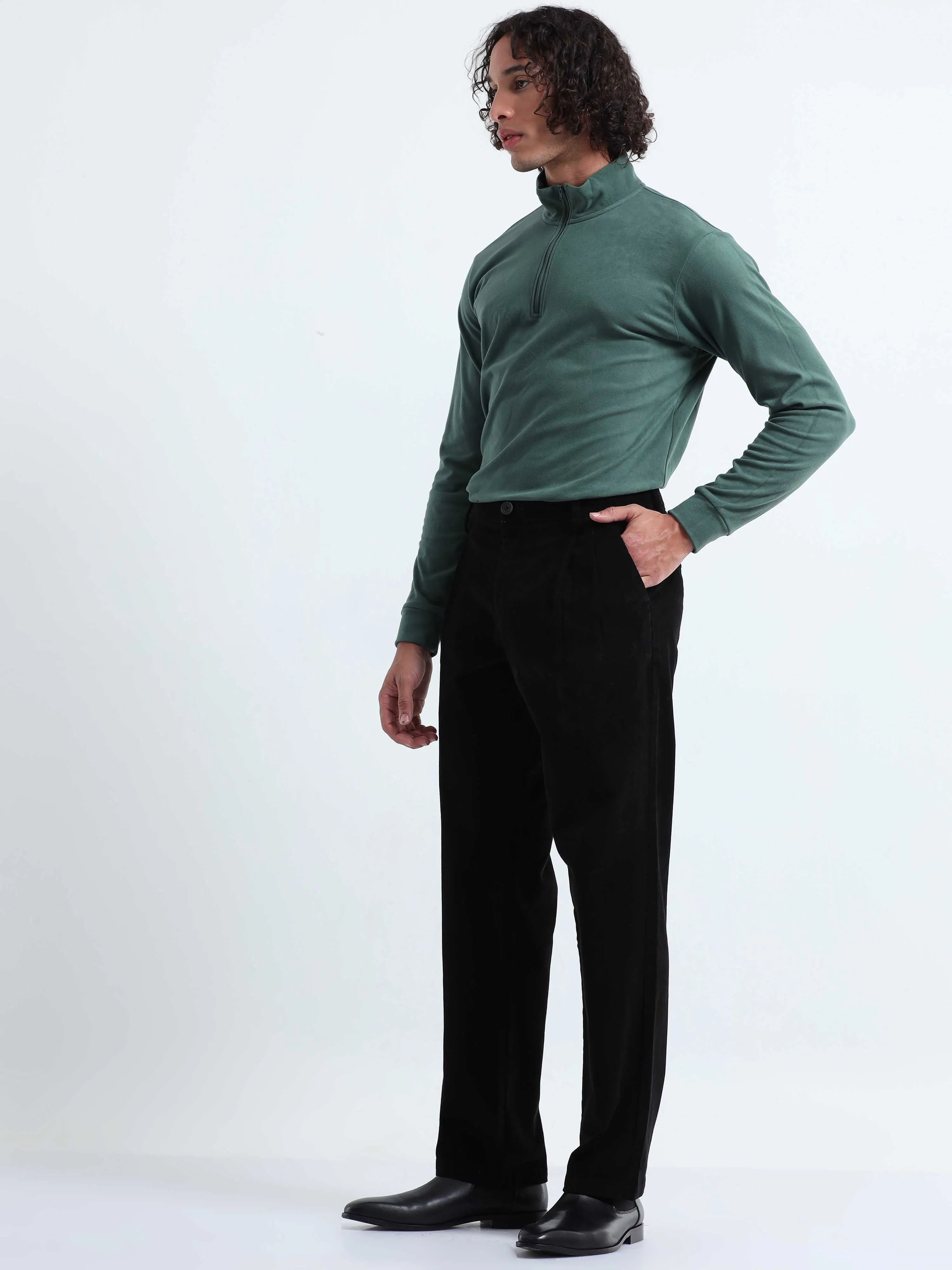 Soft Corduroy Black Relaxed Pleated Pant